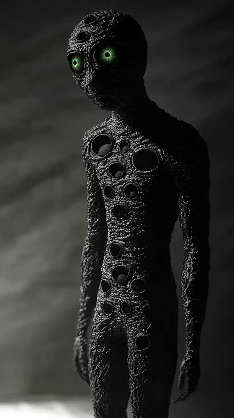Human figure with emerging eyes standing alone in void