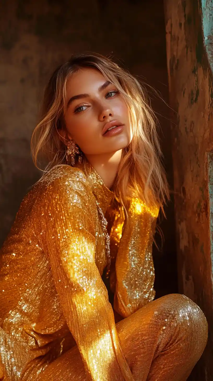 Golden dress fashion model in dramatic studio portrait