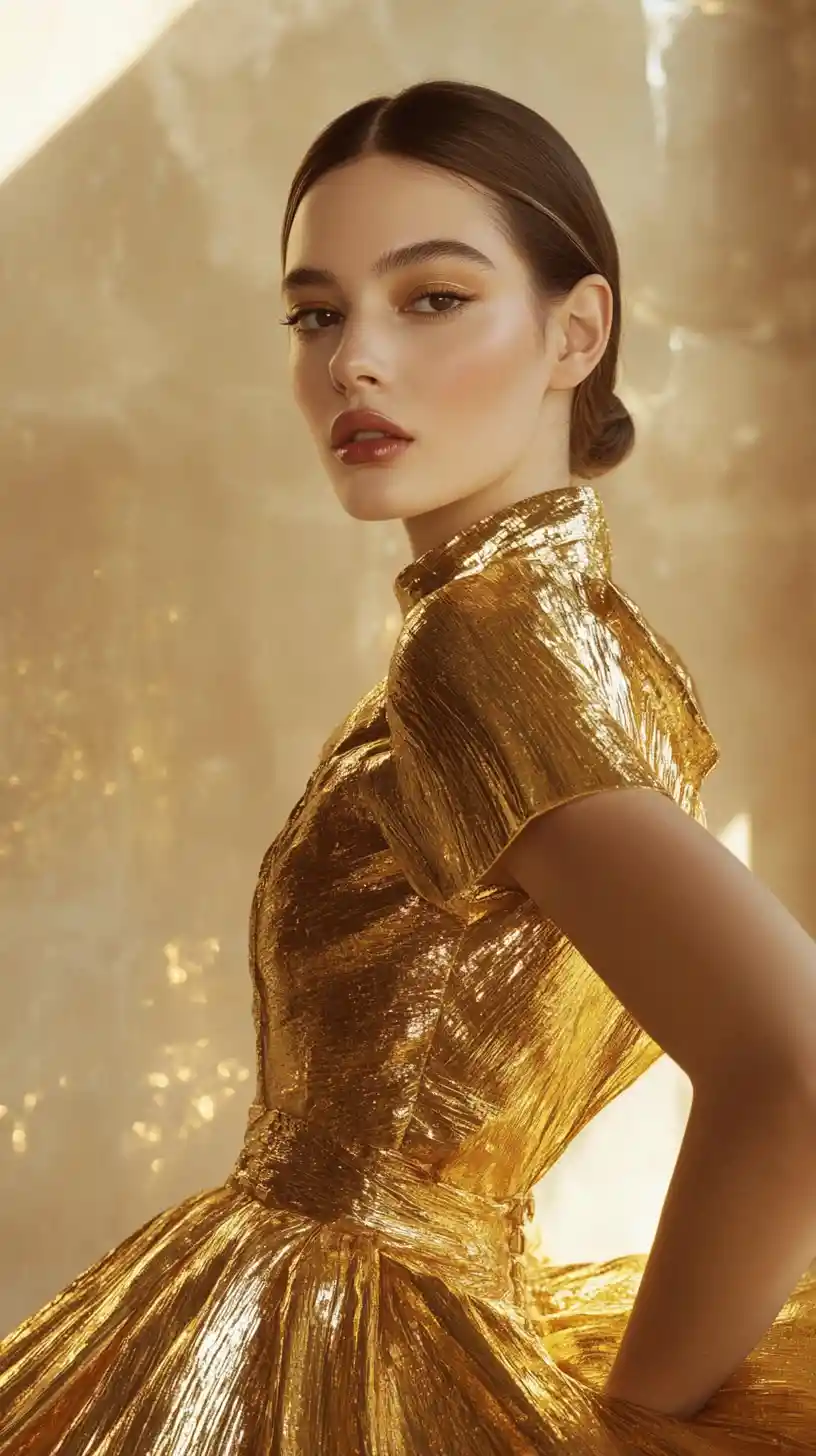 Elegant model in gold haute couture fashion portrait