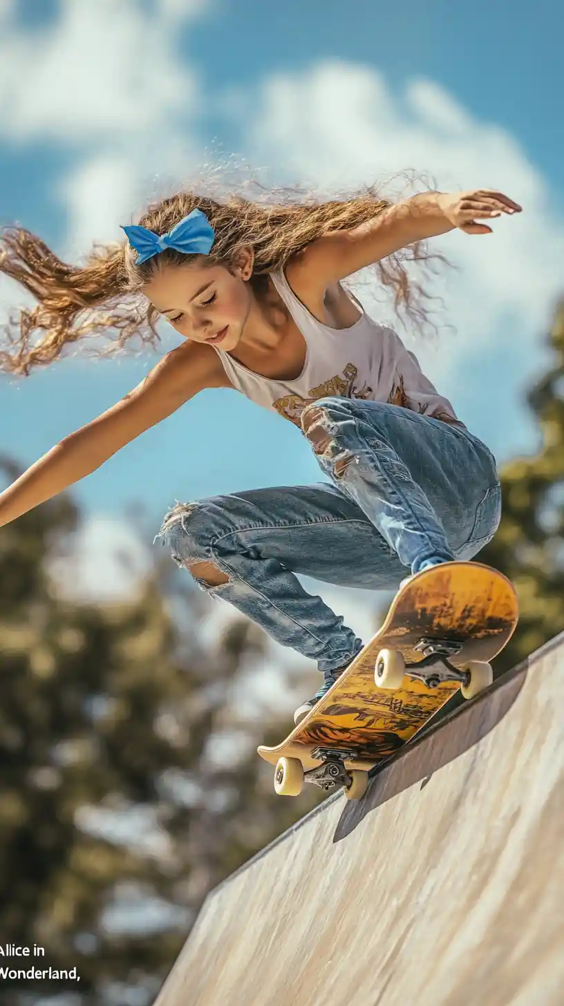 Teen girl soaring on a skateboard in a sunny skatepark