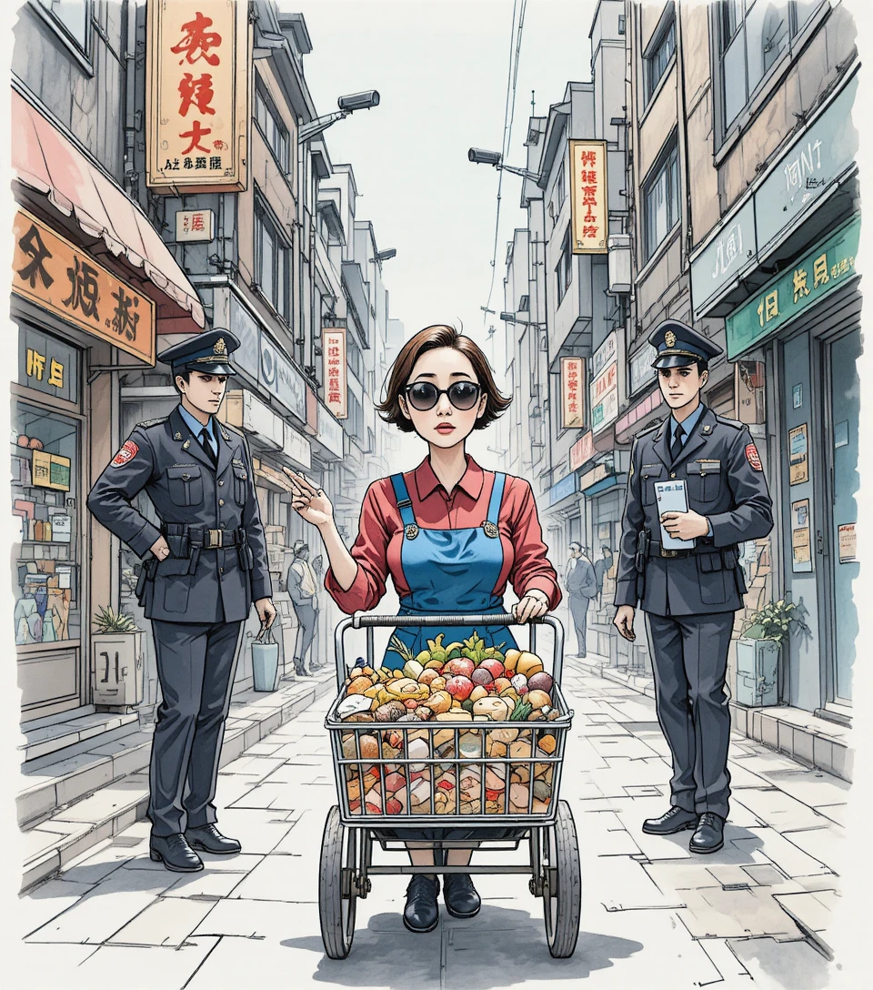 Satirical comic of an older woman with grocery cart
