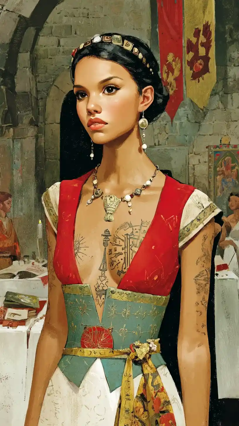 Medieval noblewoman with ornate chest tattoo in grand hall