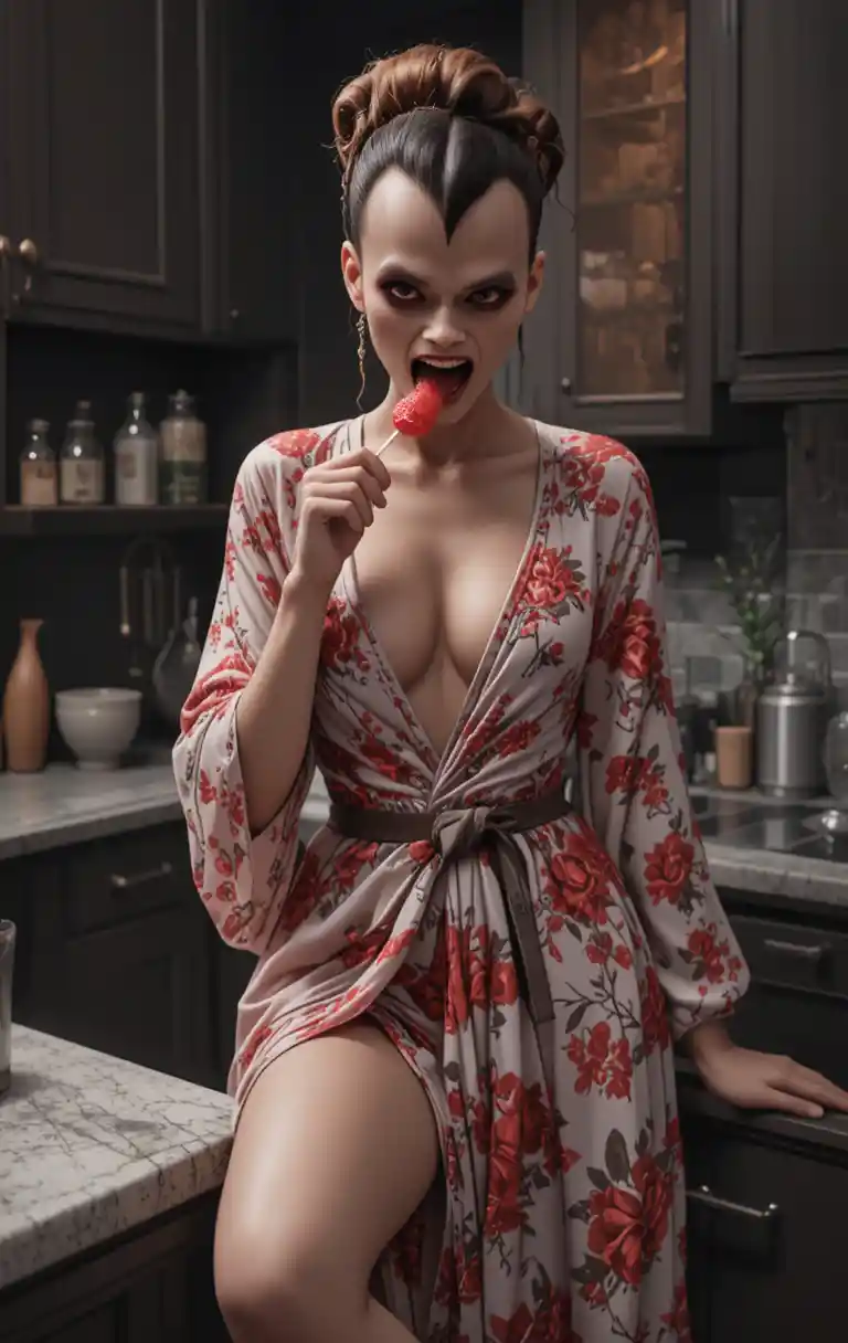 Brunette woman relaxing in a kitchen with red floral dress