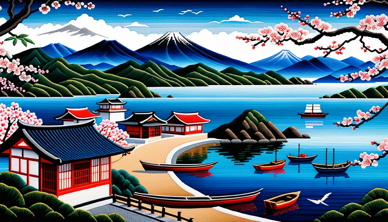 Embroidered Japanese Seaside Village Overlooking A Quiet Bay