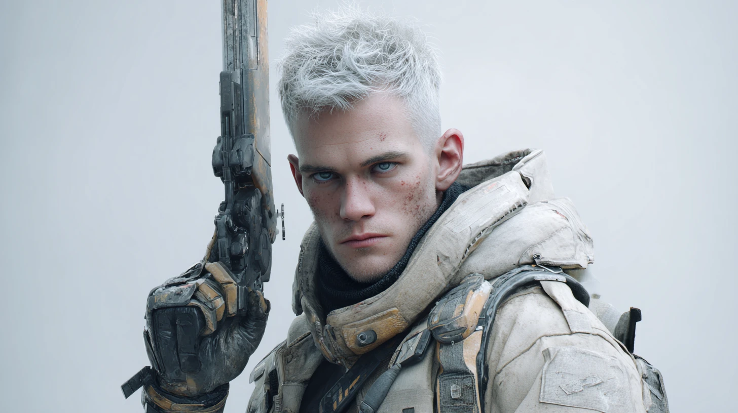Close up sci fi hero with cybernetic armor and weapon