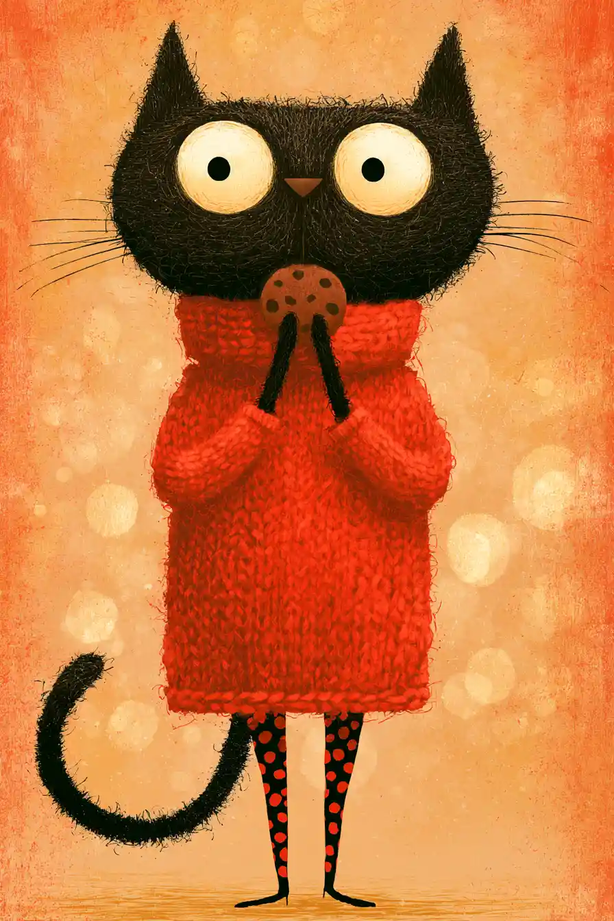 Cozy Pirate Cat Nibbling A Cookie In Red Sweater