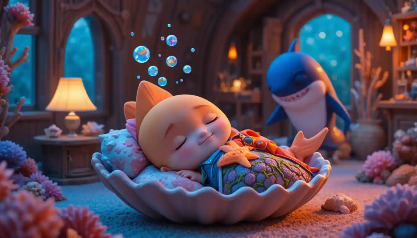 Cute baby shark sleeping in cozy coral reef bedroom