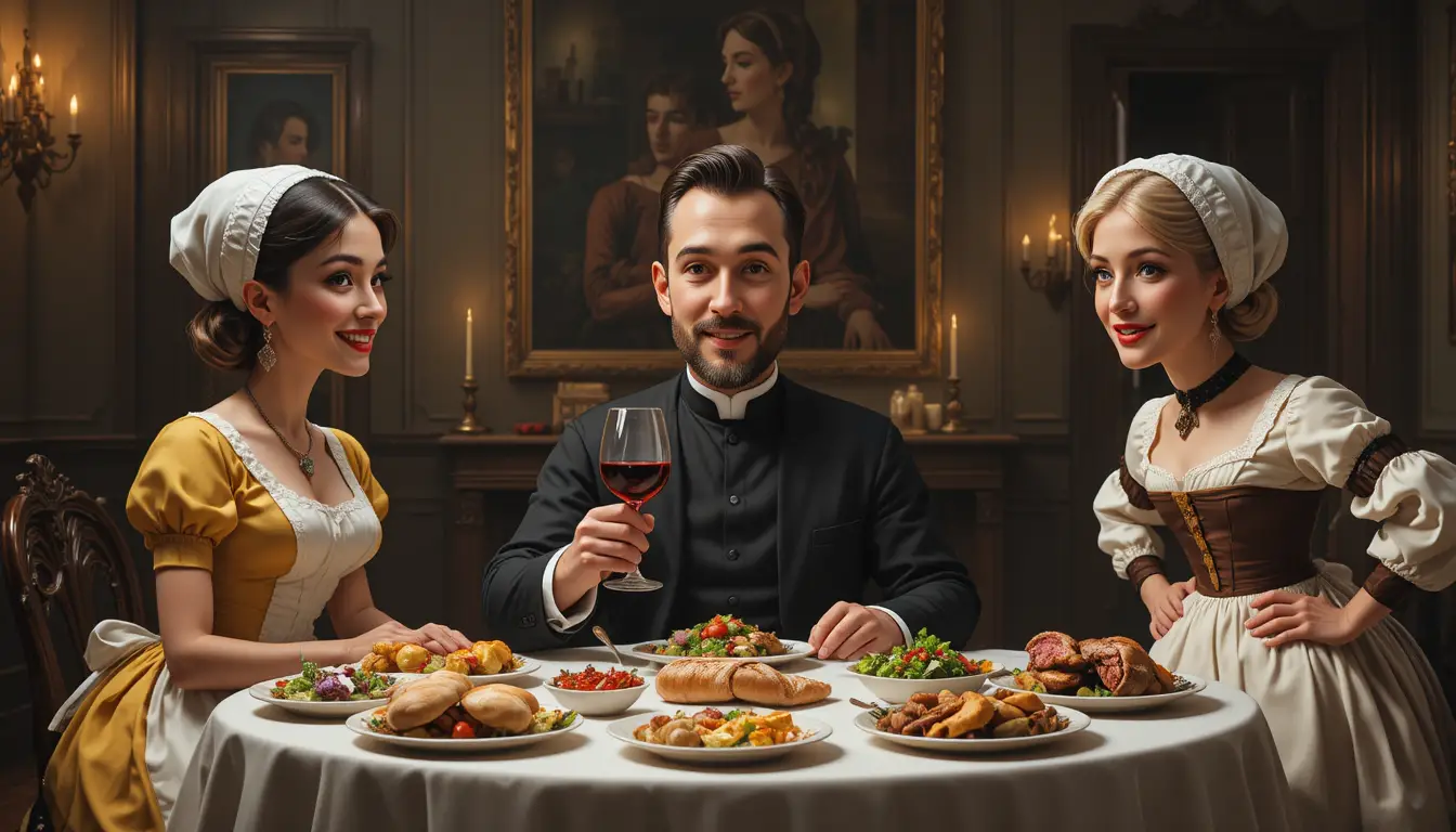 Priest dining with two women in a candlelit historic room