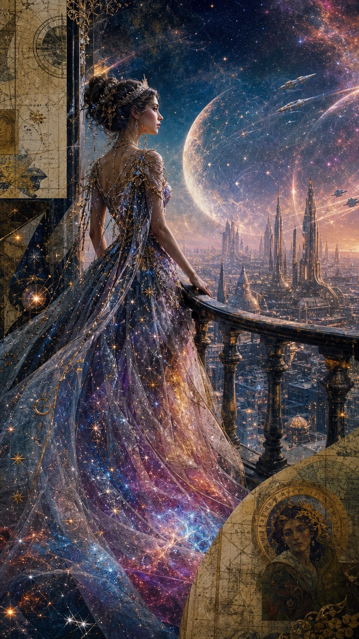 Princess on a balcony above a luminous futuristic city