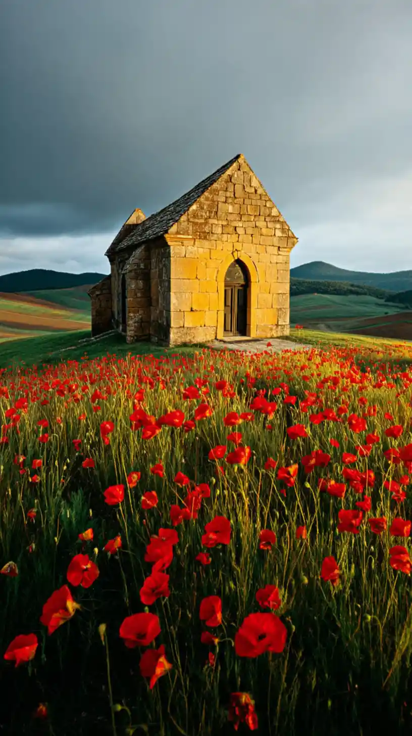 Ancient hilltop stone chapel above a sea of red poppies