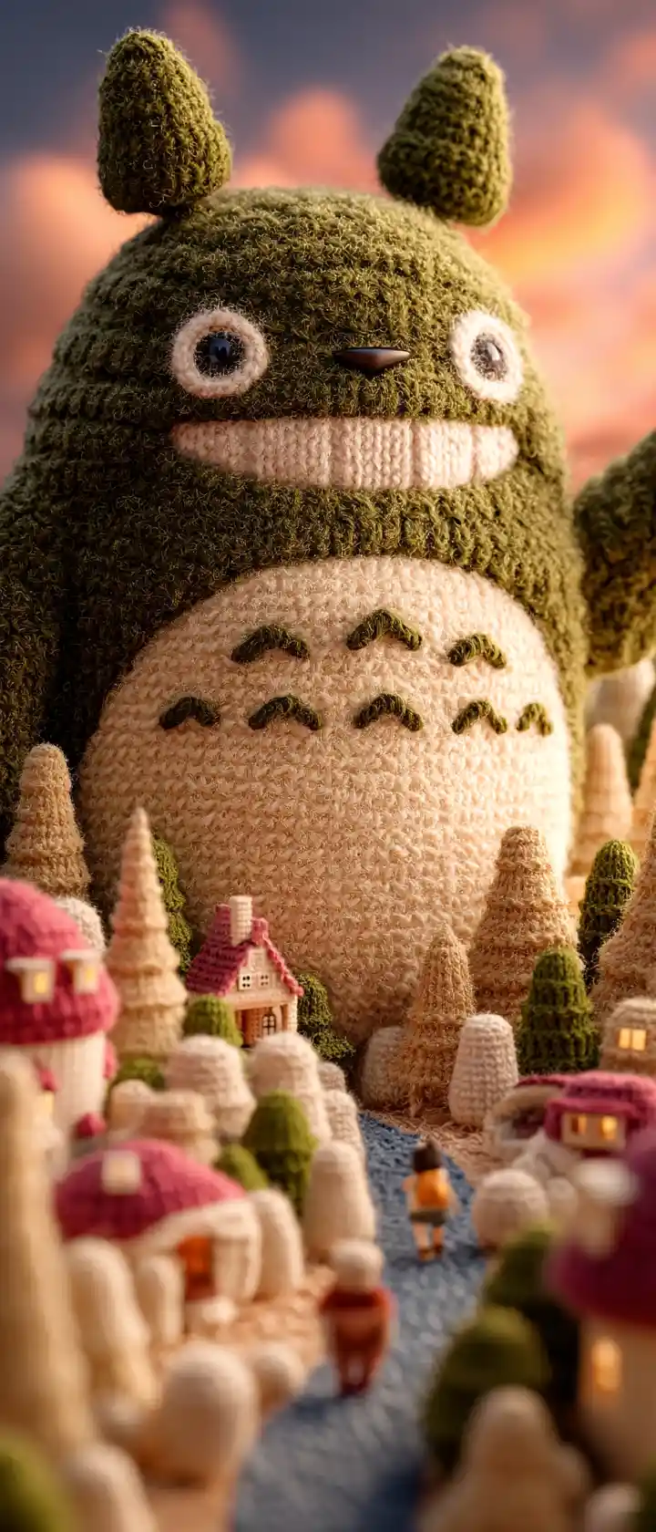 Towering knitted forest spirit above tiny anime village