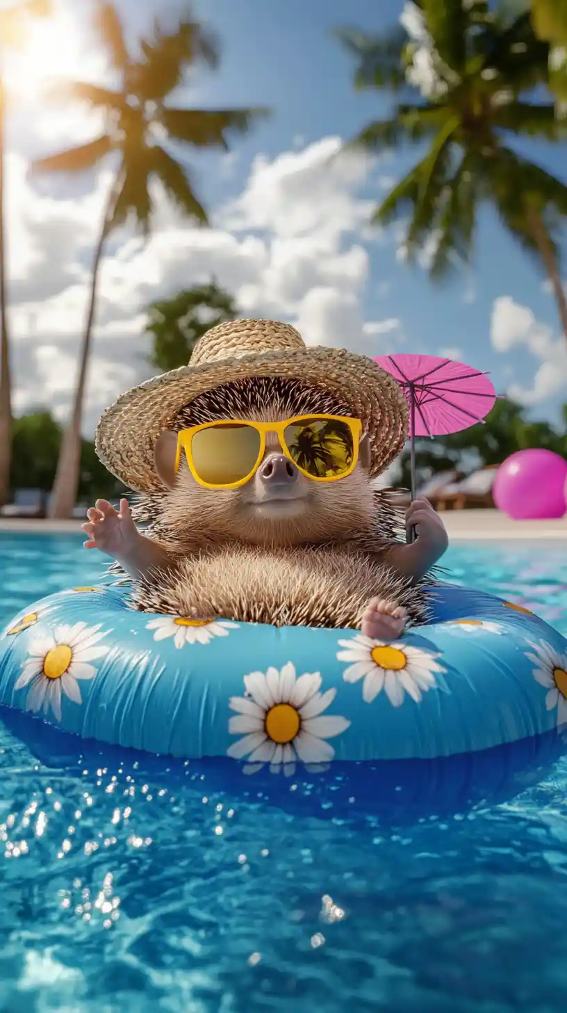 Relaxed hedgehog floating on a daisy pool float