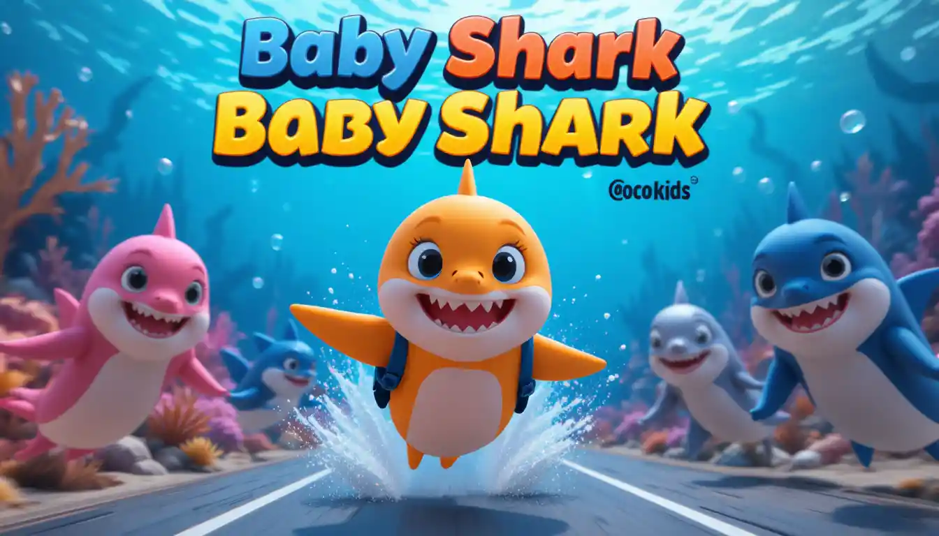 Cute baby shark racing underwater with cheering family