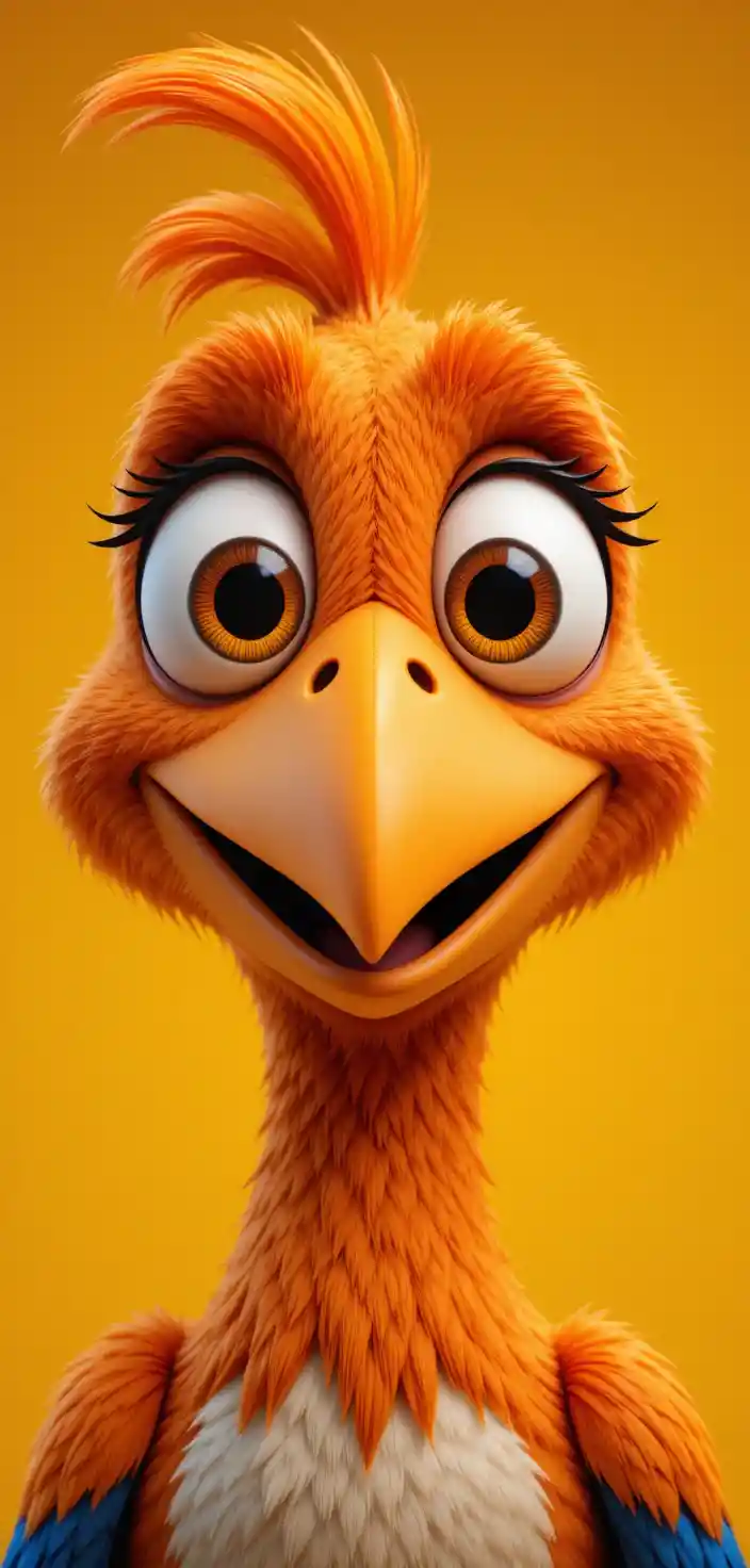 Nahaufnahme eines 3D-Cartoonvogels mit leuchtend orangefarbenem Gefieder