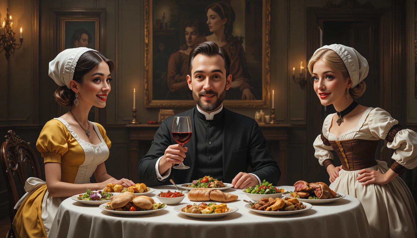 Priest dining with two women in a candlelit historic room