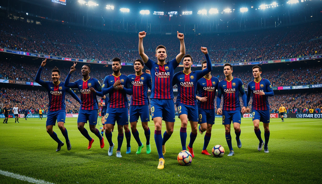 Soccer players celebrating victory on a bright stadium field