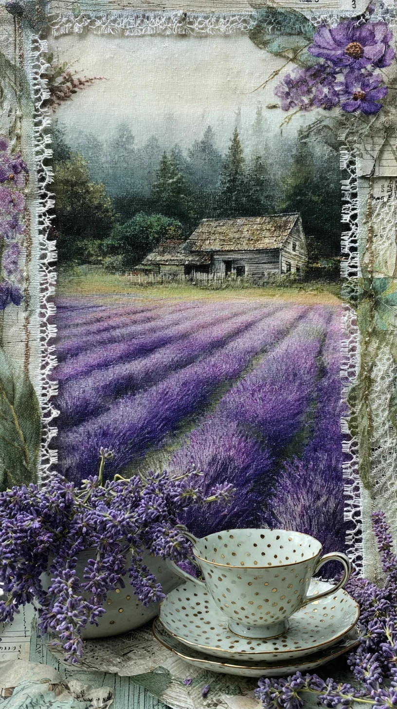 Lavender Farmhouse Scene With Vintage Tea Set And Lace Frame