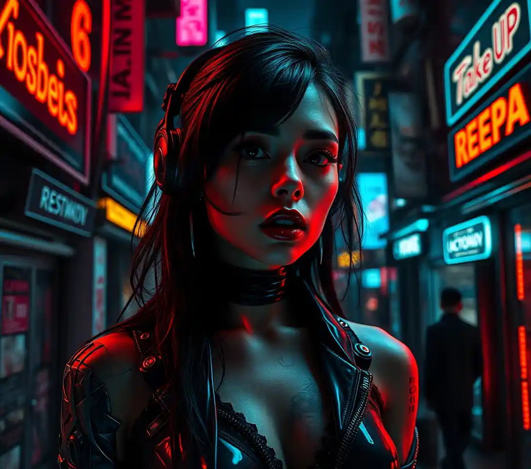 Cyberpunk woman in neon lit purgatory city alley