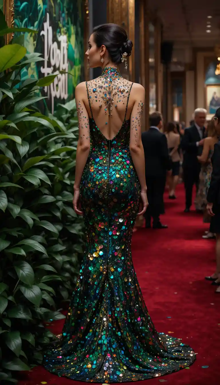 Elegant woman in gold sequin evening gown on red carpet