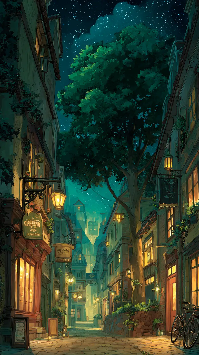 Narrow european alley at dusk with glowing lamps and tree