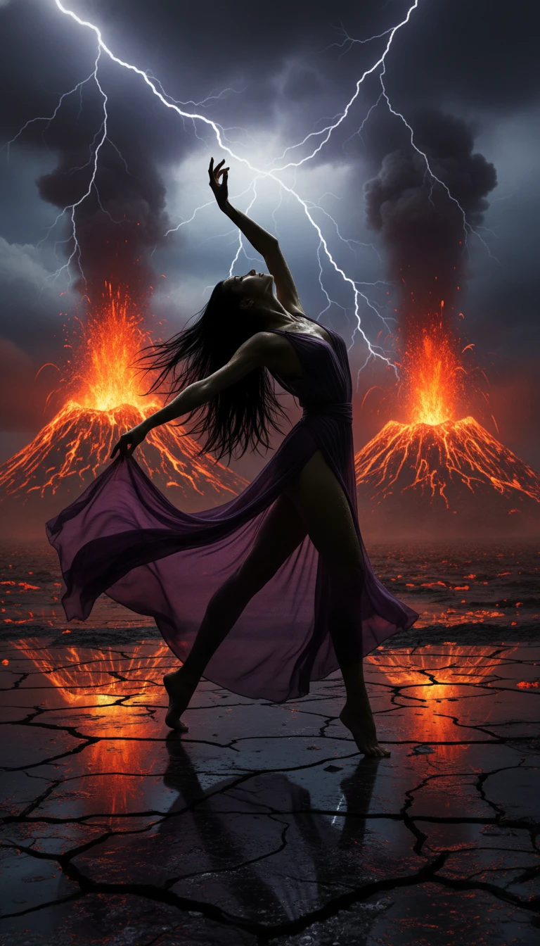 Dancing woman framed by erupting volcanoes and lightning