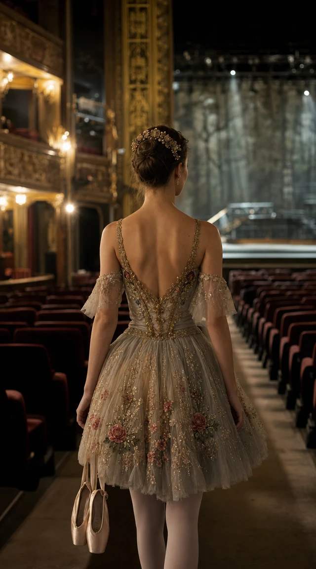 Principal dancer walking alone through an empty theater