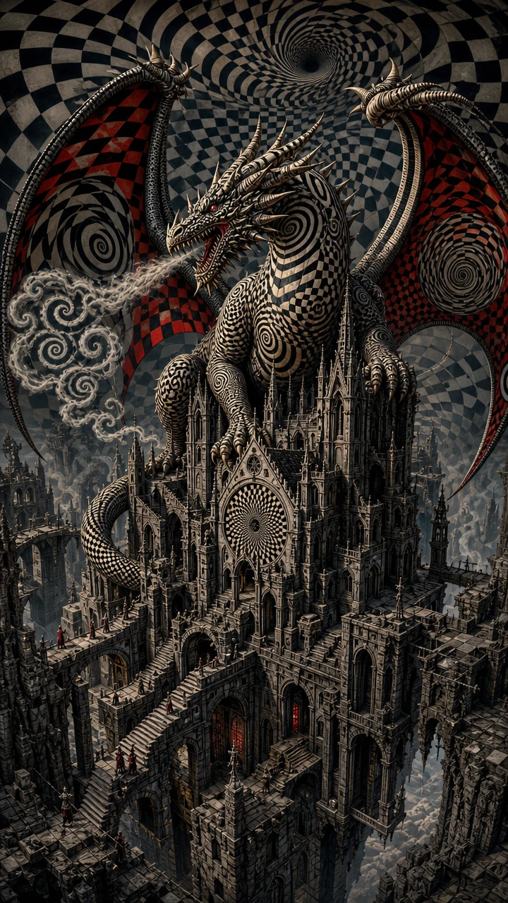 Dragon looming over a crumbling gothic cathedral at night