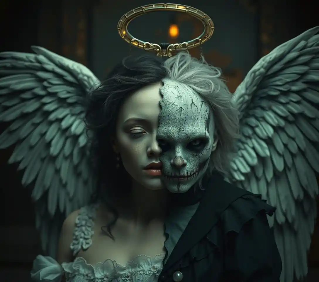 Surreal angel of death woman in dark whimsical scene
