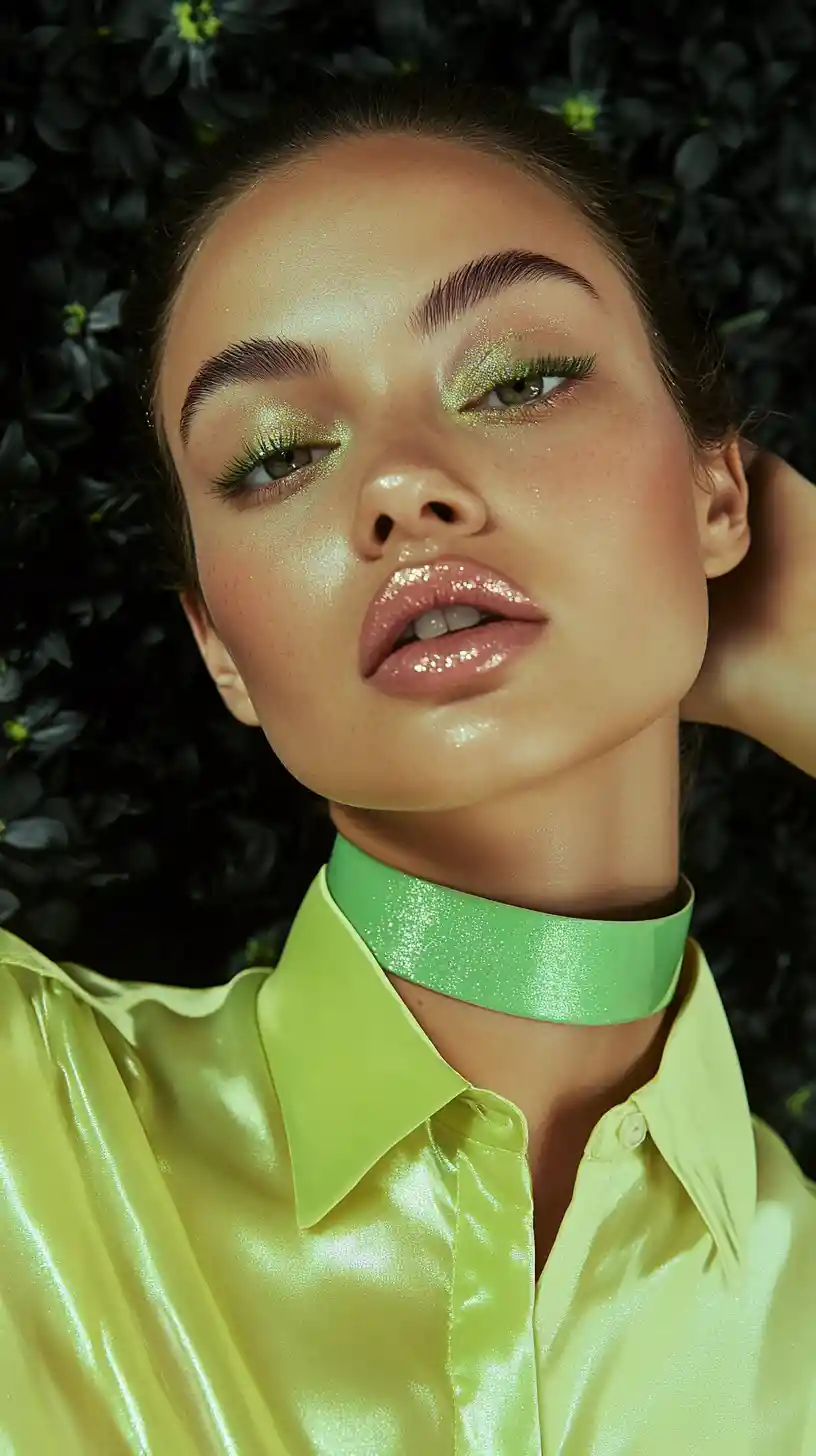 Woman in green with stern gaze and floral background
