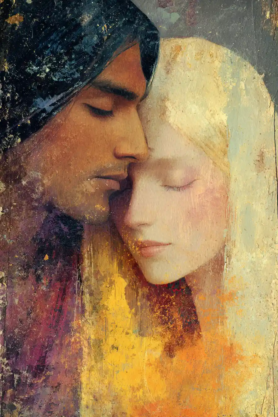 Surreal painting of an impossible love between a man and witch