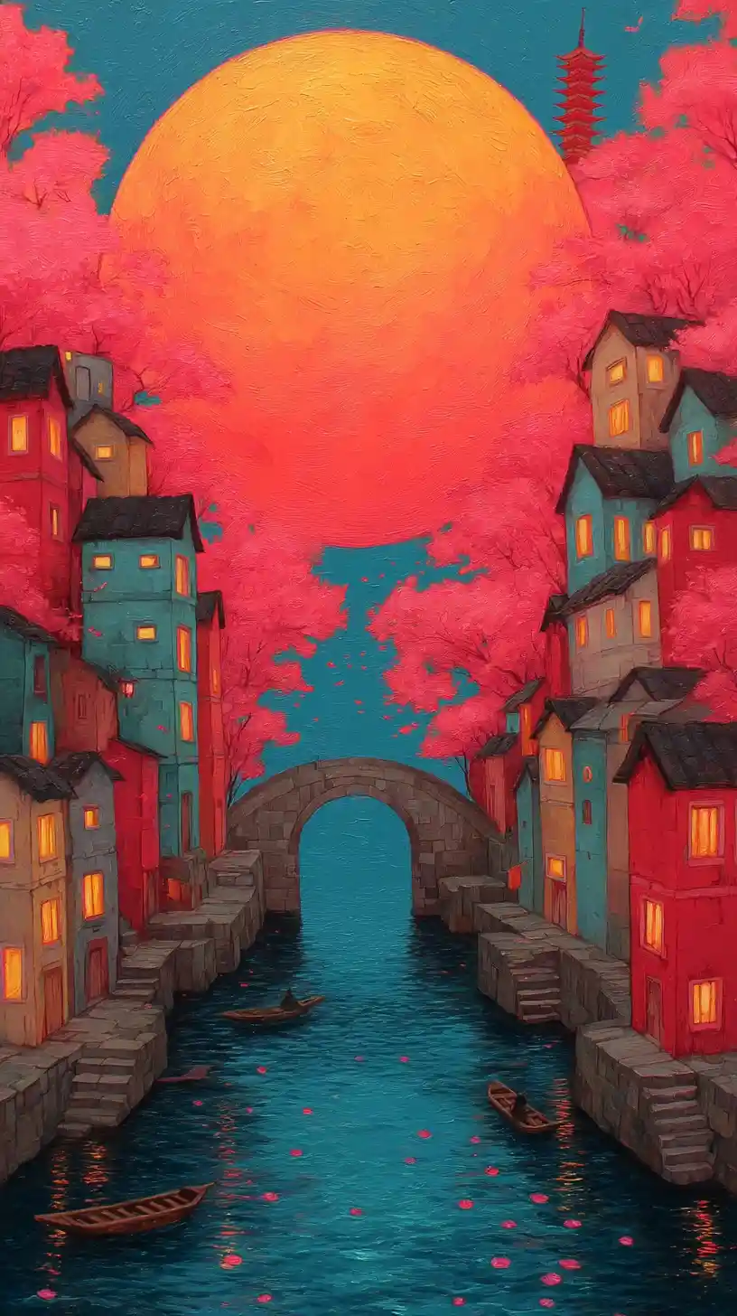 Ancient canal town at sunset with glowing orange sky