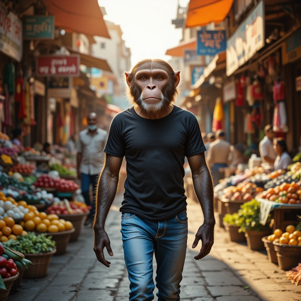 Anthropomorphic Monkey Walking In A Busy Indian Market