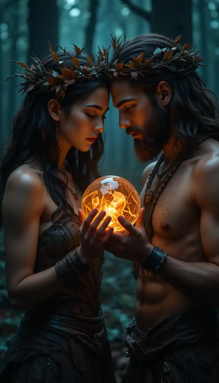 Intimate couple with glowing orb in enchanted forest