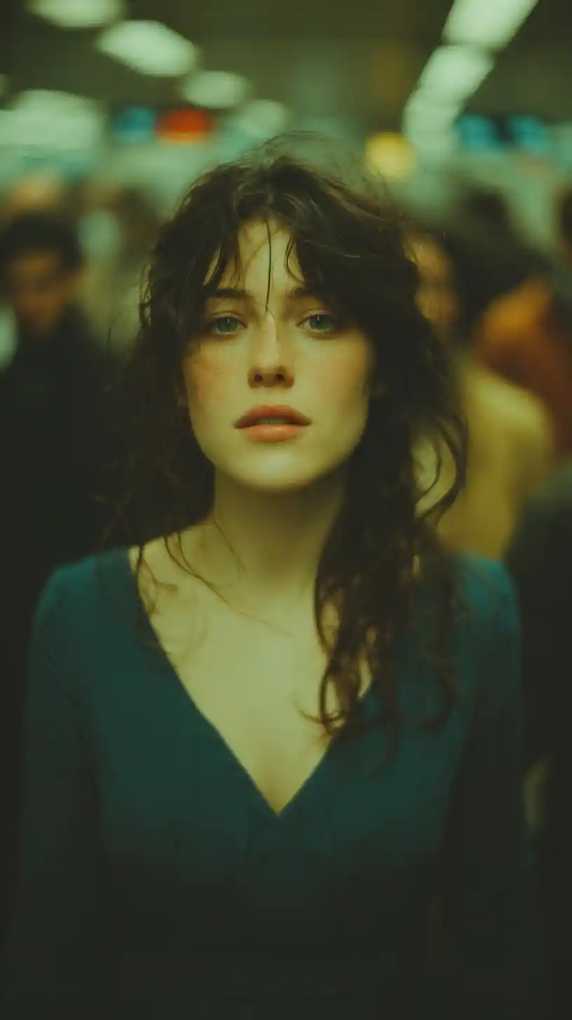Young woman still in a rushing subway crowd portrait
