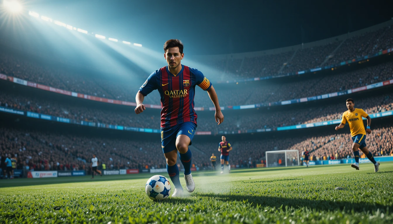 Soccer star sprinting with the ball in packed stadium