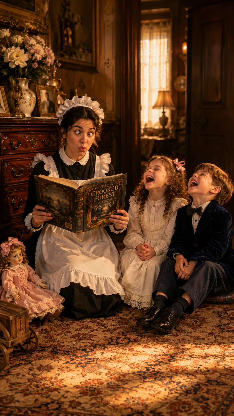 Maid reading a storybook to laughing children at golden hour
