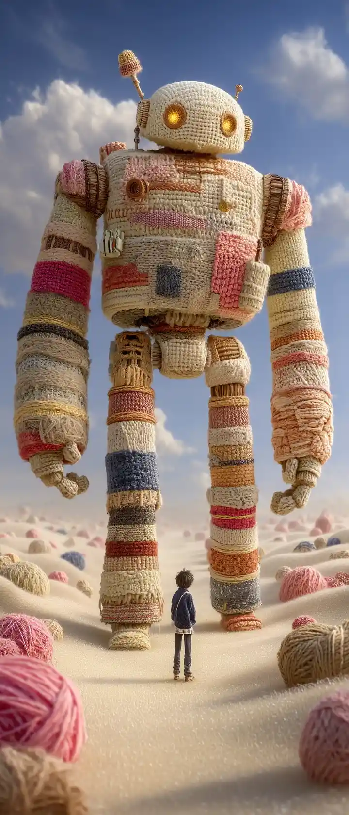 Mecha all’uncinetto che svetta su una minuscola figura nel deserto di filato