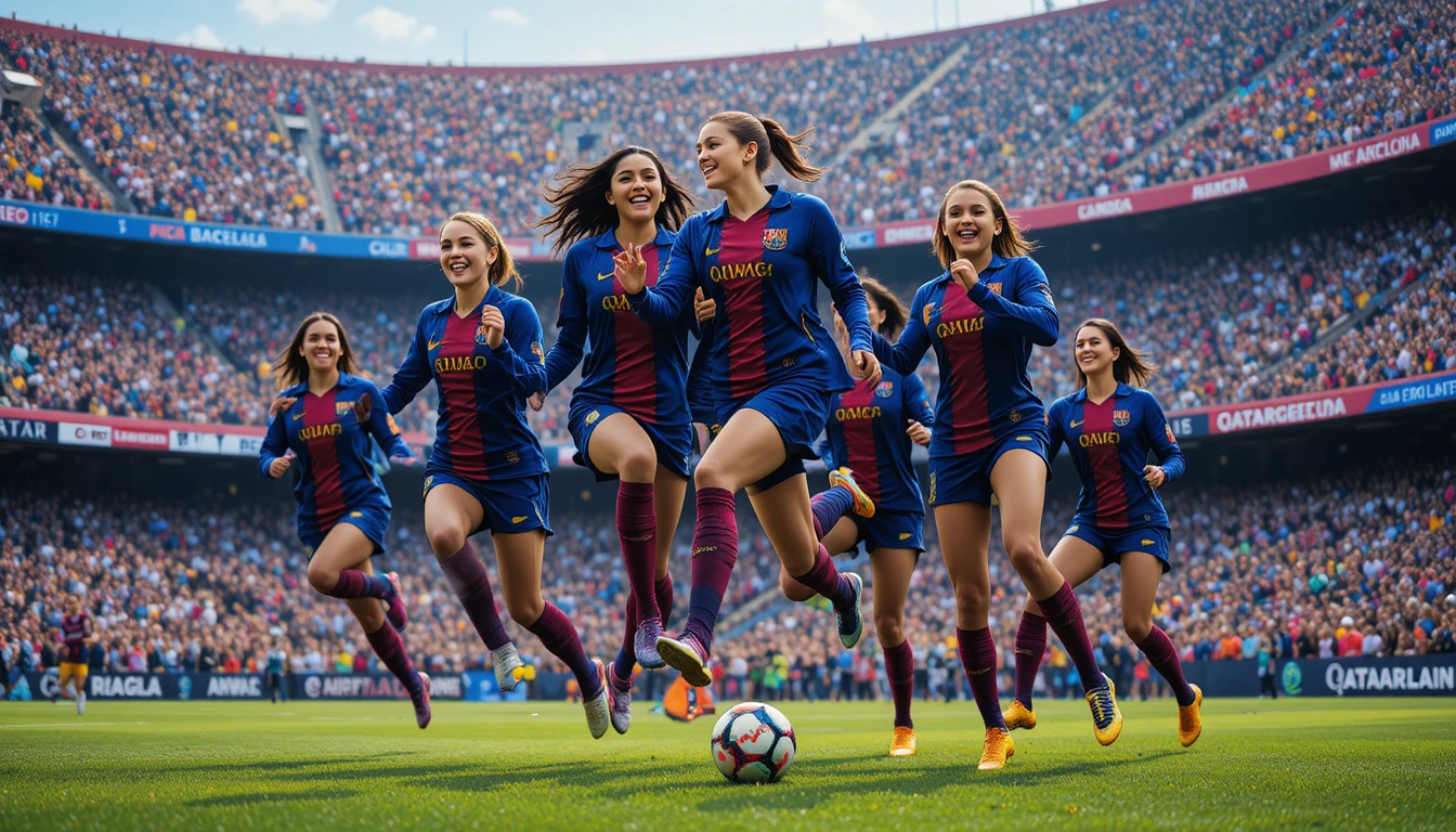 Female soccer players celebrating victory on sunny stadium field