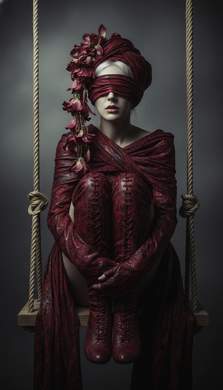Somber woman on a swing wrapped in maroon fabric