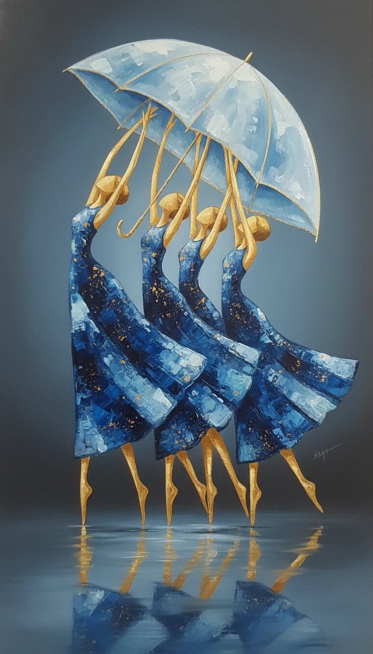 Abstract figures beneath a large translucent blue umbrella