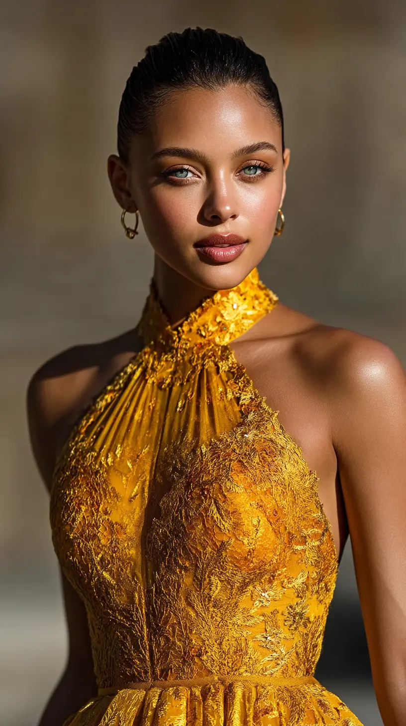 Elegant woman in gold haute couture fashion portrait