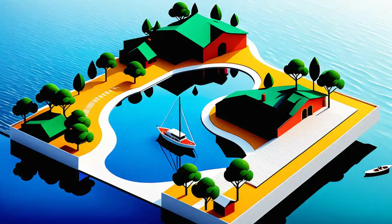 Isometric coastal city diorama on floating travel ticket