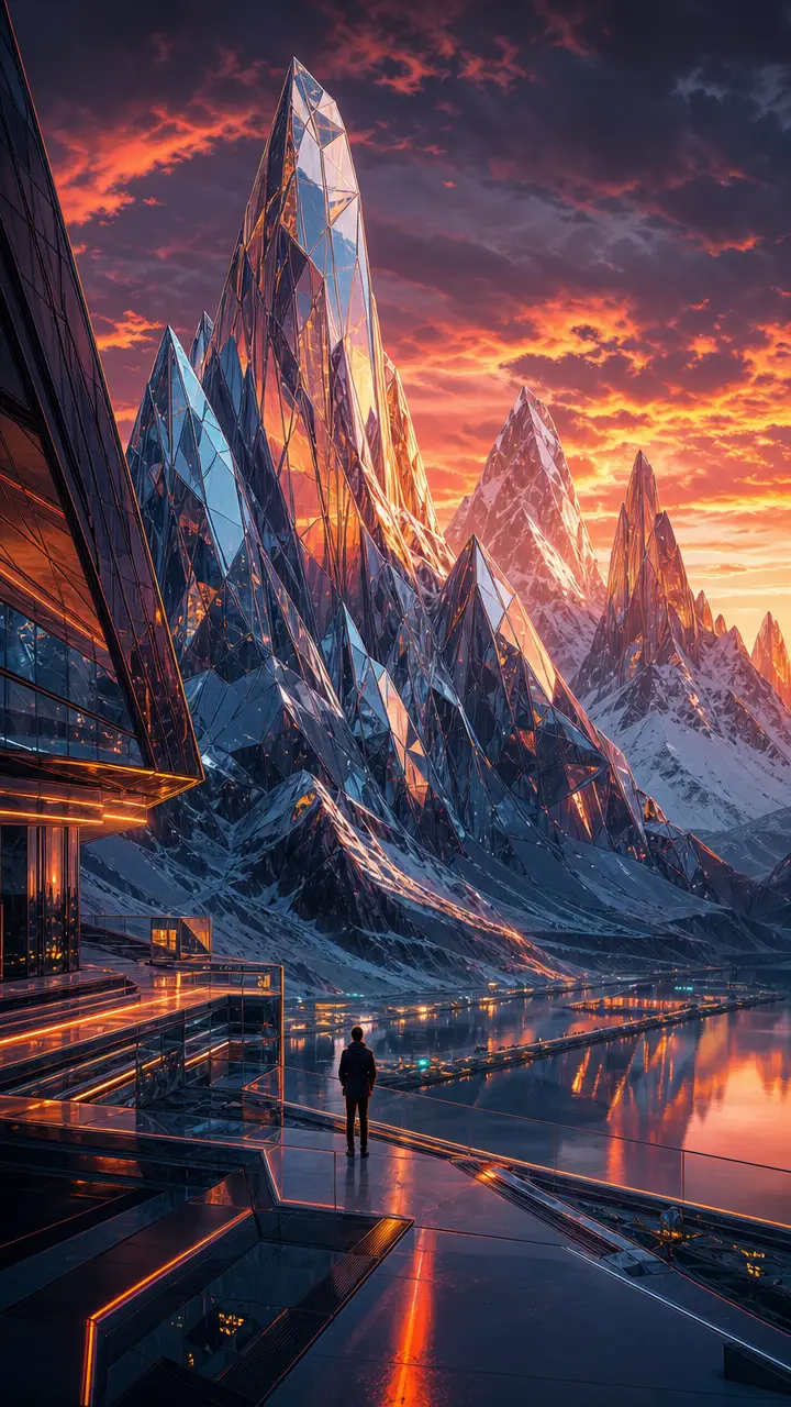 Futuristic glass mountains reflecting a fiery dusk sky
