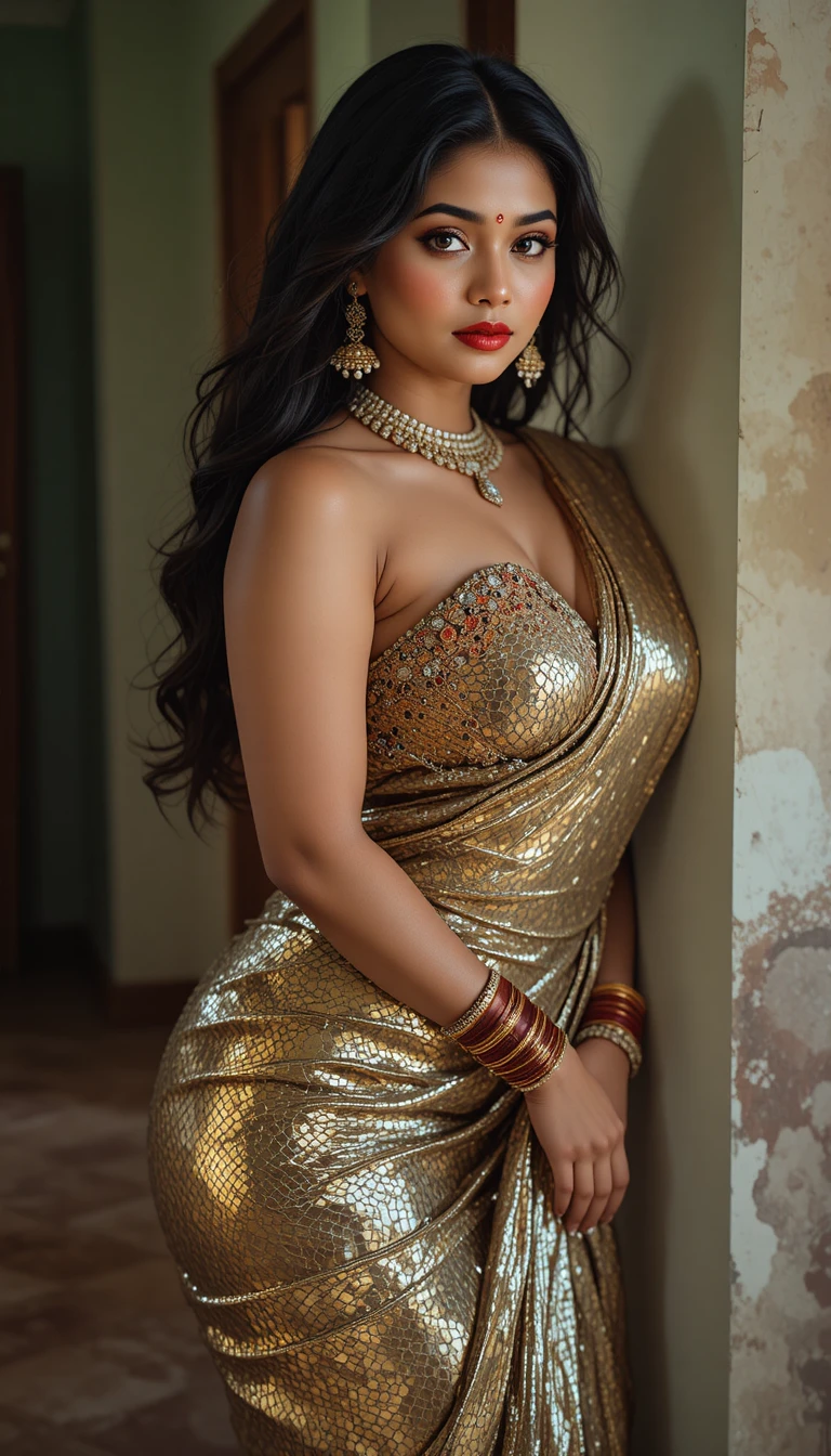 Tamil woman in glossy saree bending in a full body pose