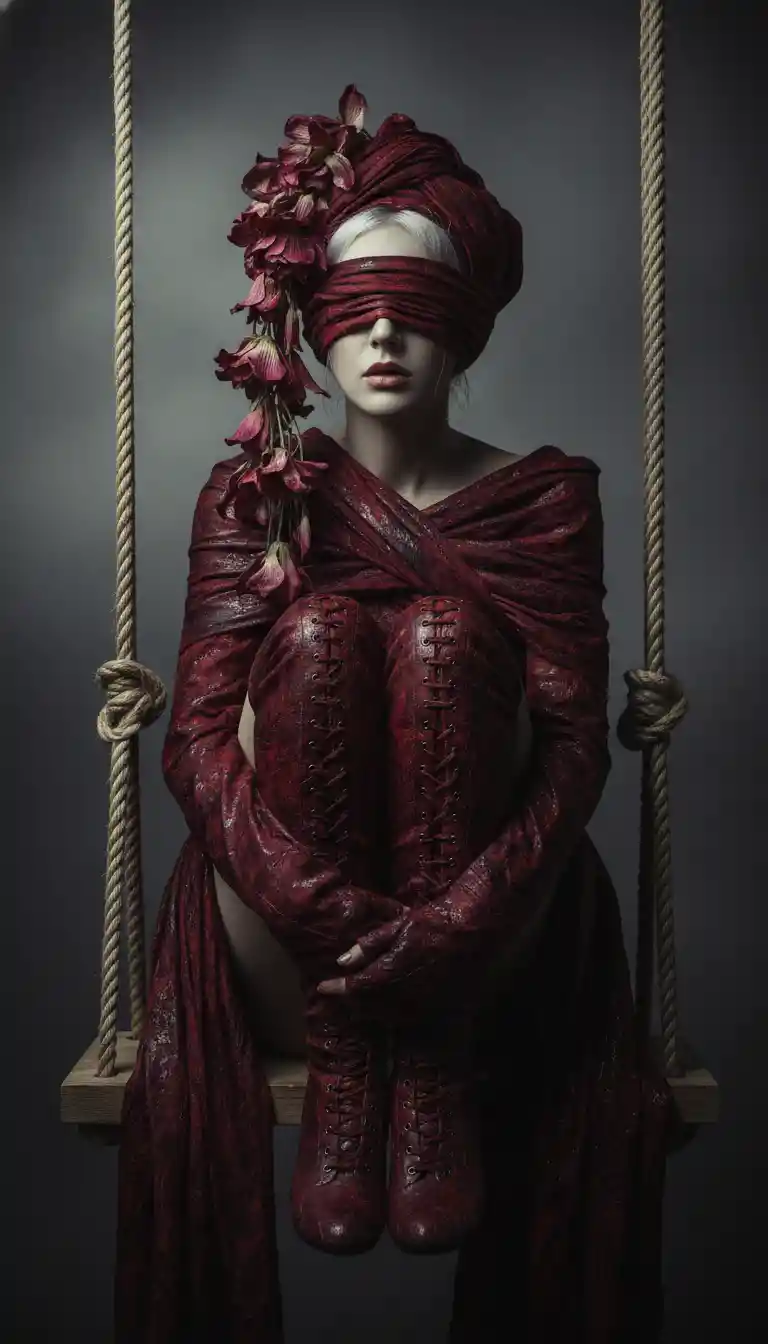 Somber woman on a swing wrapped in maroon fabric
