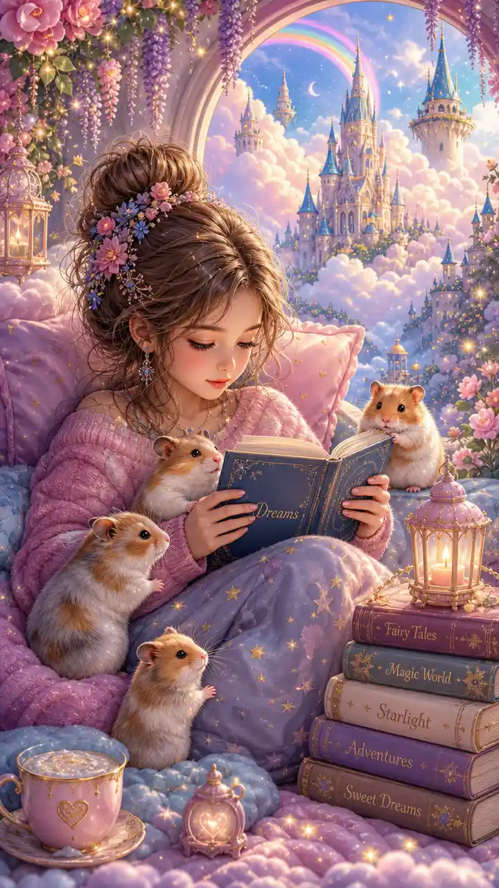 Young girl reading with hamsters in a dreamy fantasy world