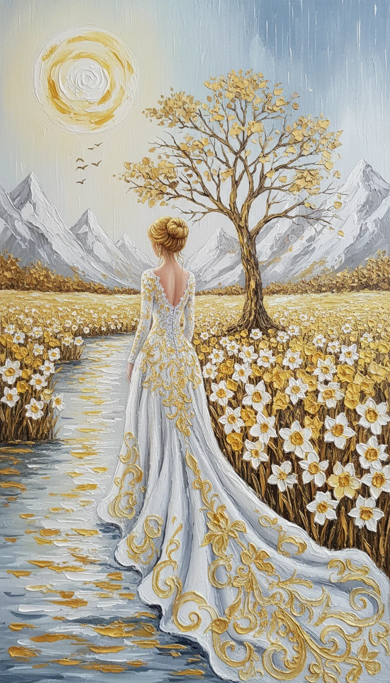 Woman in ornate white gown in golden flower field