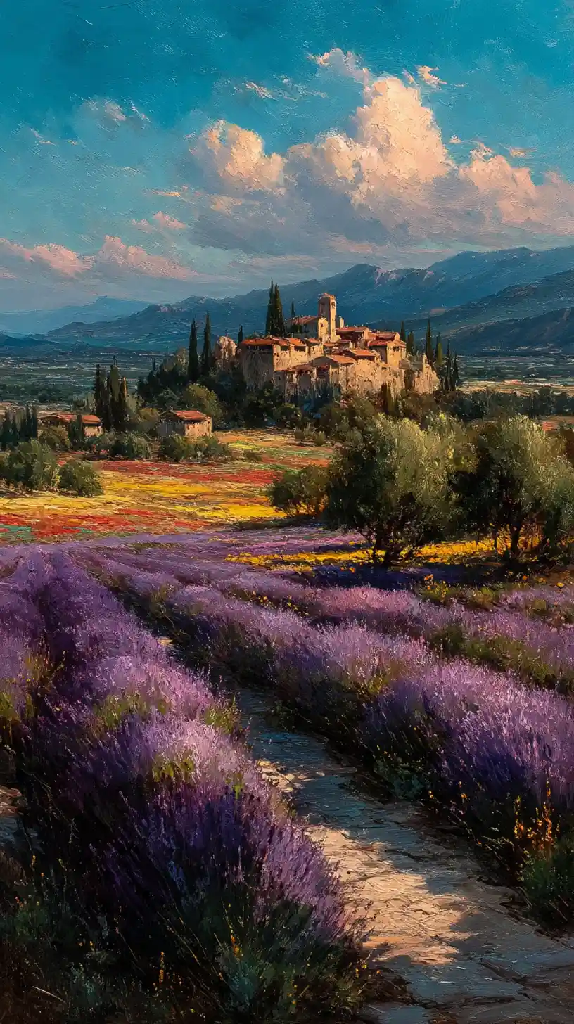 Campi di Lavanda all’Ora d’Oro nella Campagna Mediterranea