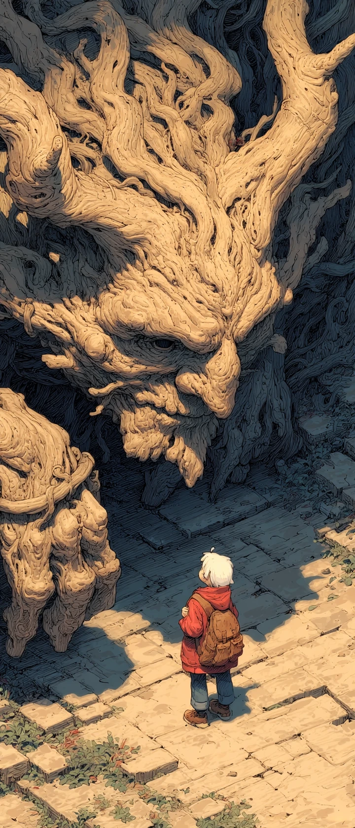 Gentle forest spirit cradling a tiny anime character