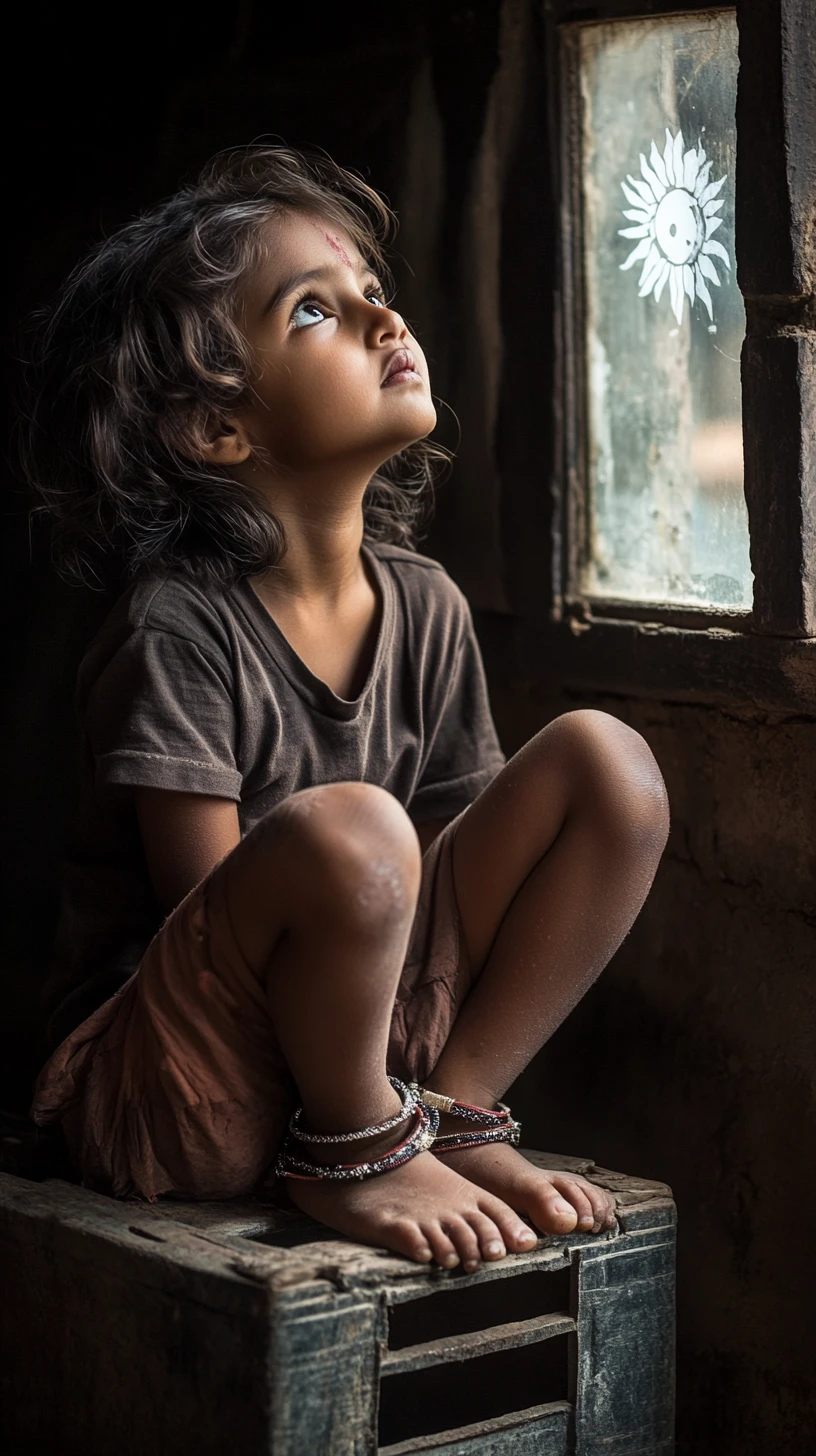 Pensive young girl by a window in brick interior